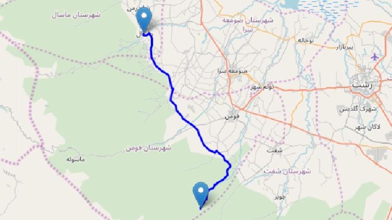 نقشه فاصله قلعه رودخان تا ماسال 