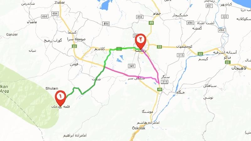 نقشه رفتن به قلعه رودخان از شهر رشت